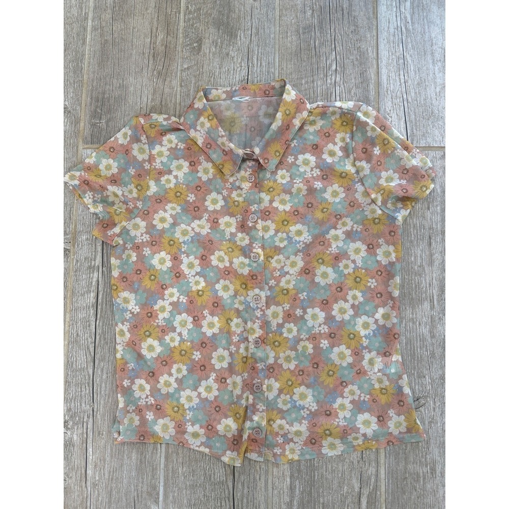 Unbranded Floral Mesh Top Women Small Multicolor Excellent Retro Sheer Blouse